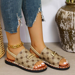 Bootara Women's Plus Size Single-Strap Canvas Sandals - Hand-Stitched Round-Toe Flats with Metallic Buckle