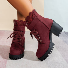 Bootara Women's Lace & Suede Heeled Boots - Chunky Heel Round Toe Vintage Ankle Boots (US 5-10.5)