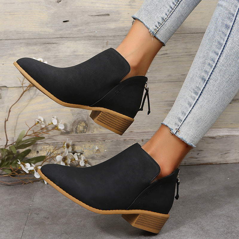 Bootara Plus Size Women's British-Inspired Solid-Color Pointed Toe Casual Fashion Boots with Rear Zipper & Low Chunky Hee