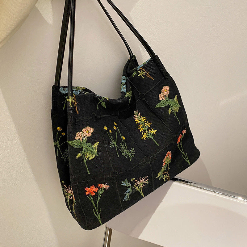 Bootara Women's Atelier Bloom Bucket — Artisan-Embroidered Canvas Commuter Tote with Structured Base & Dual Carry