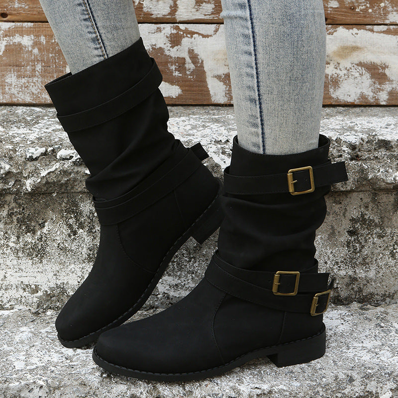 Bootara Women's Matte PU Buckle-Detailed Slouch Boots - Crushed Texture Stacked Mid-Calf Flat Boots (US 5-10.5)