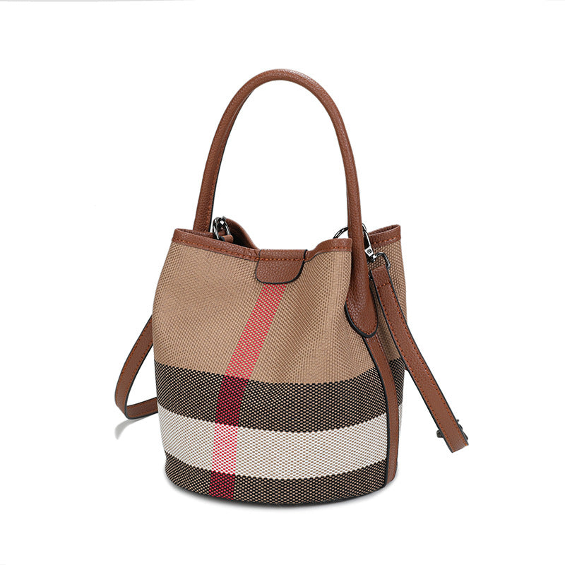 Bootara Women’s Regent Plaid Bucket Satchel — Heritage Check Full-Grain Leather Convertible with Detachable Pouch & Effortless Transition Carry