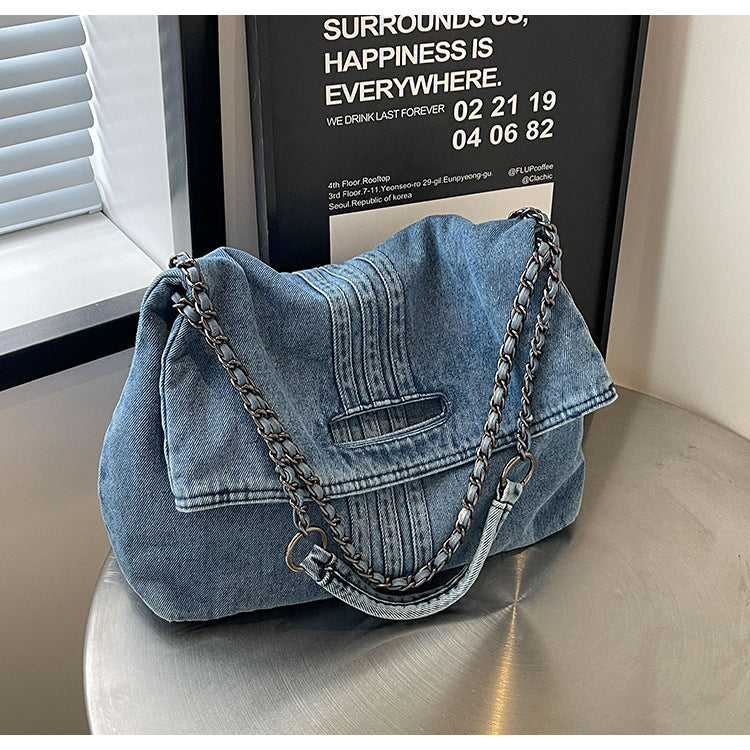 Bootara Women's Vintage Denim Tote Bag with Chain Strap – Structured Large-Capacity Crossbody & Shoulder Bag