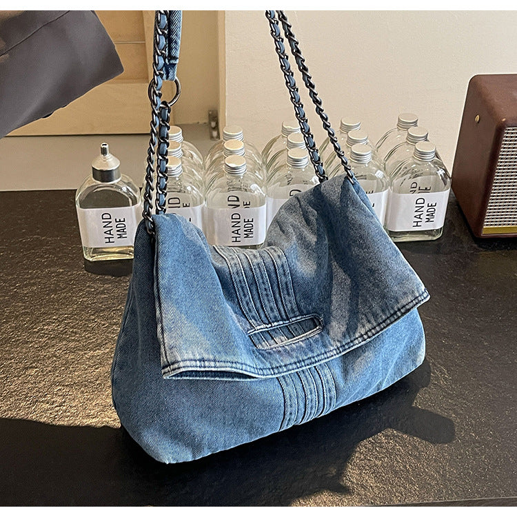 Bootara Women's Vintage Denim Tote Bag with Chain Strap – Structured Large-Capacity Crossbody & Shoulder Bag