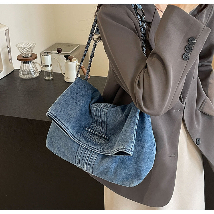 Bootara Women's Vintage Denim Tote Bag with Chain Strap – Structured Large-Capacity Crossbody & Shoulder Bag