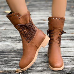 Bootara Women's Rivet Roma Boots - Side Lace Chunky Heel Mid Calf Boots (US 4-10.5)