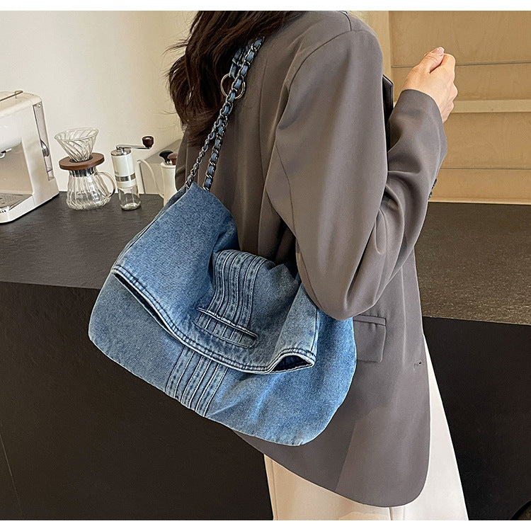 Bootara Women's Vintage Denim Tote Bag with Chain Strap – Structured Large-Capacity Crossbody & Shoulder Bag