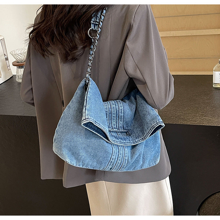 Bootara Women's Vintage Denim Tote Bag with Chain Strap – Structured Large-Capacity Crossbody & Shoulder Bag