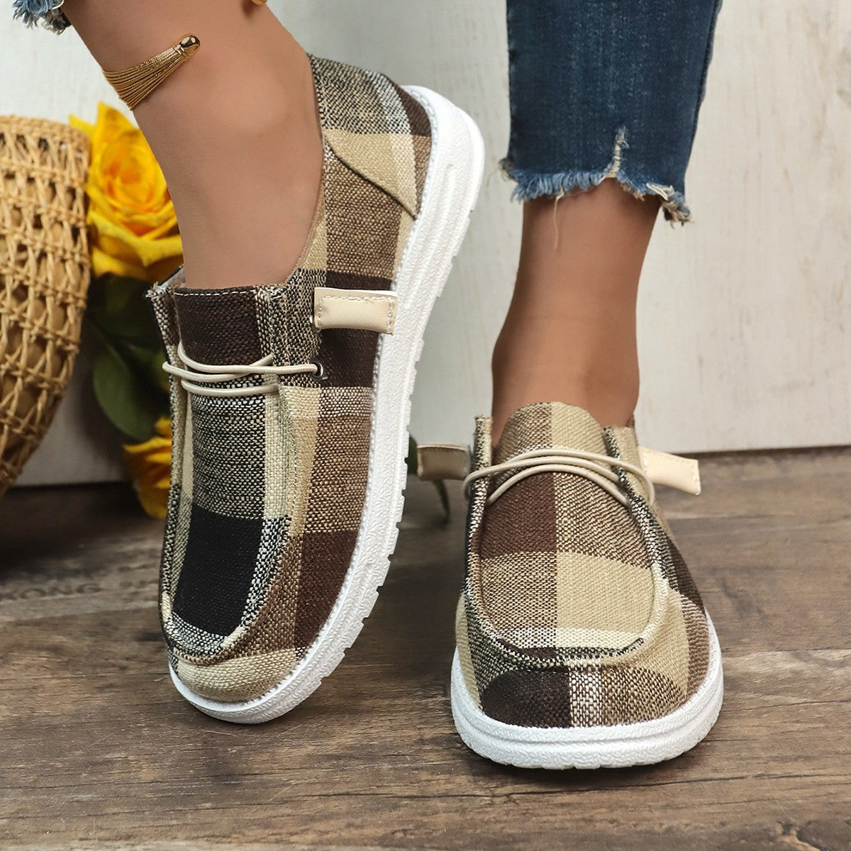 Bootara Women’s Heritage Check Slip-On — Vintage-Inspired Canvas Boat Shoe with CloudWalk Cushion & Extended Sizes (Up to US 10.5)