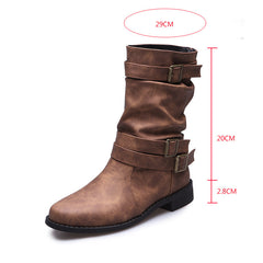 Bootara Women's Matte PU Buckle-Detailed Slouch Boots - Crushed Texture Stacked Mid-Calf Flat Boots (US 5-10.5)