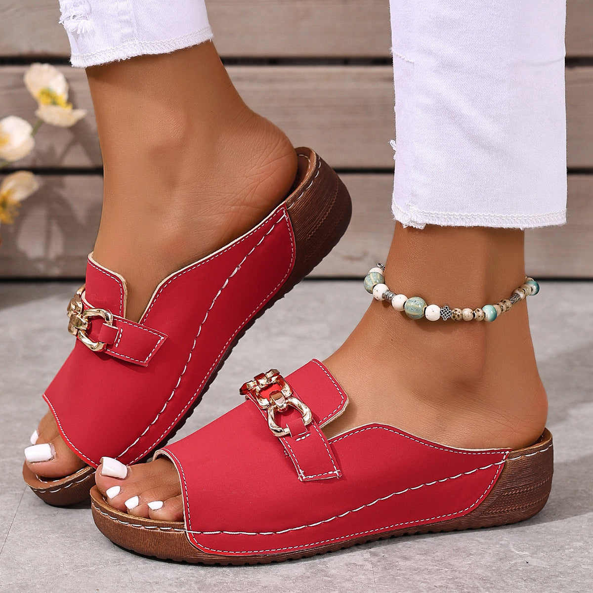 Bootara Women’s Plus-Size Platform Mule Slippers - Metal Buckle Accent & Low Wedge Heel | Open-Back House Shoes