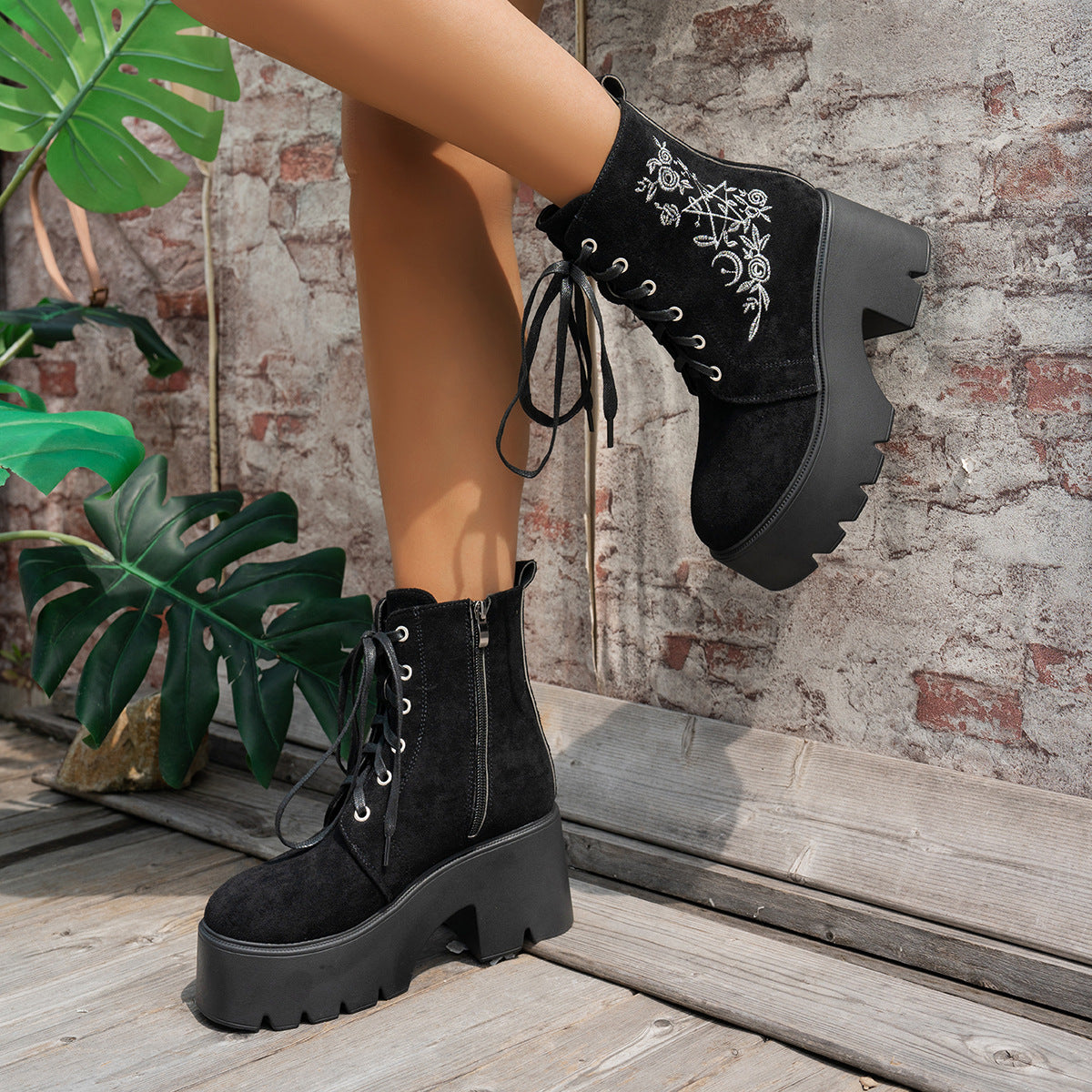 Bootara Women's Elfin Platform Ankle Boots - Embroidered Chunky Heel  Fall Winter Short Boots (US 4-10)