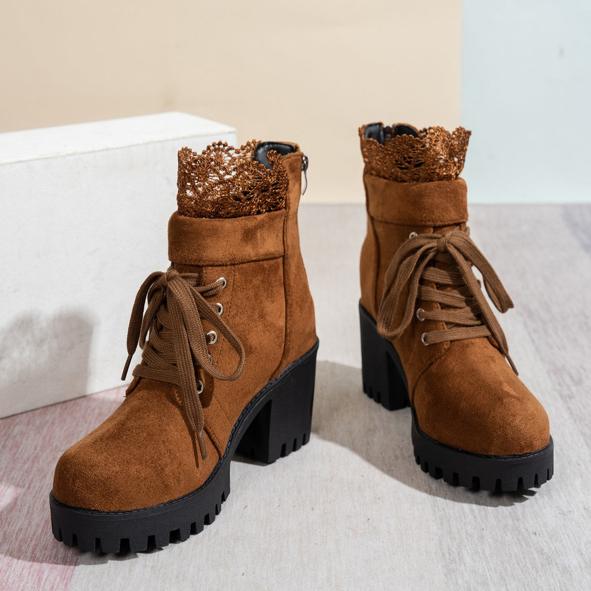 Bootara Women's Lace & Suede Heeled Boots - Chunky Heel Round Toe Vintage Ankle Boots (US 5-10.5)