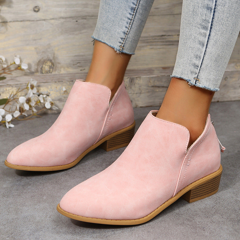 Bootara Plus Size Women's British-Inspired Solid-Color Pointed Toe Casual Fashion Boots with Rear Zipper & Low Chunky Hee