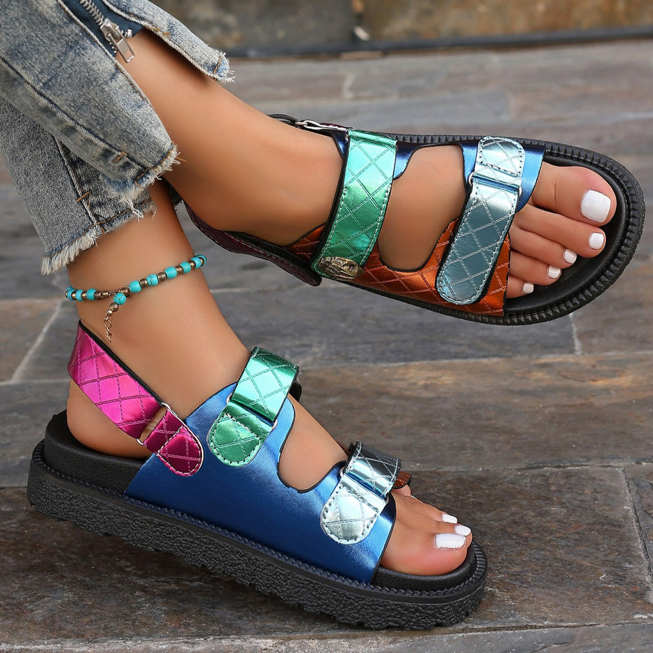 Bootara Women's Eagle-Glow Plus Size Beach Sandals - Bold Platform & Diamond Velcro Strap | Color Burst Design
