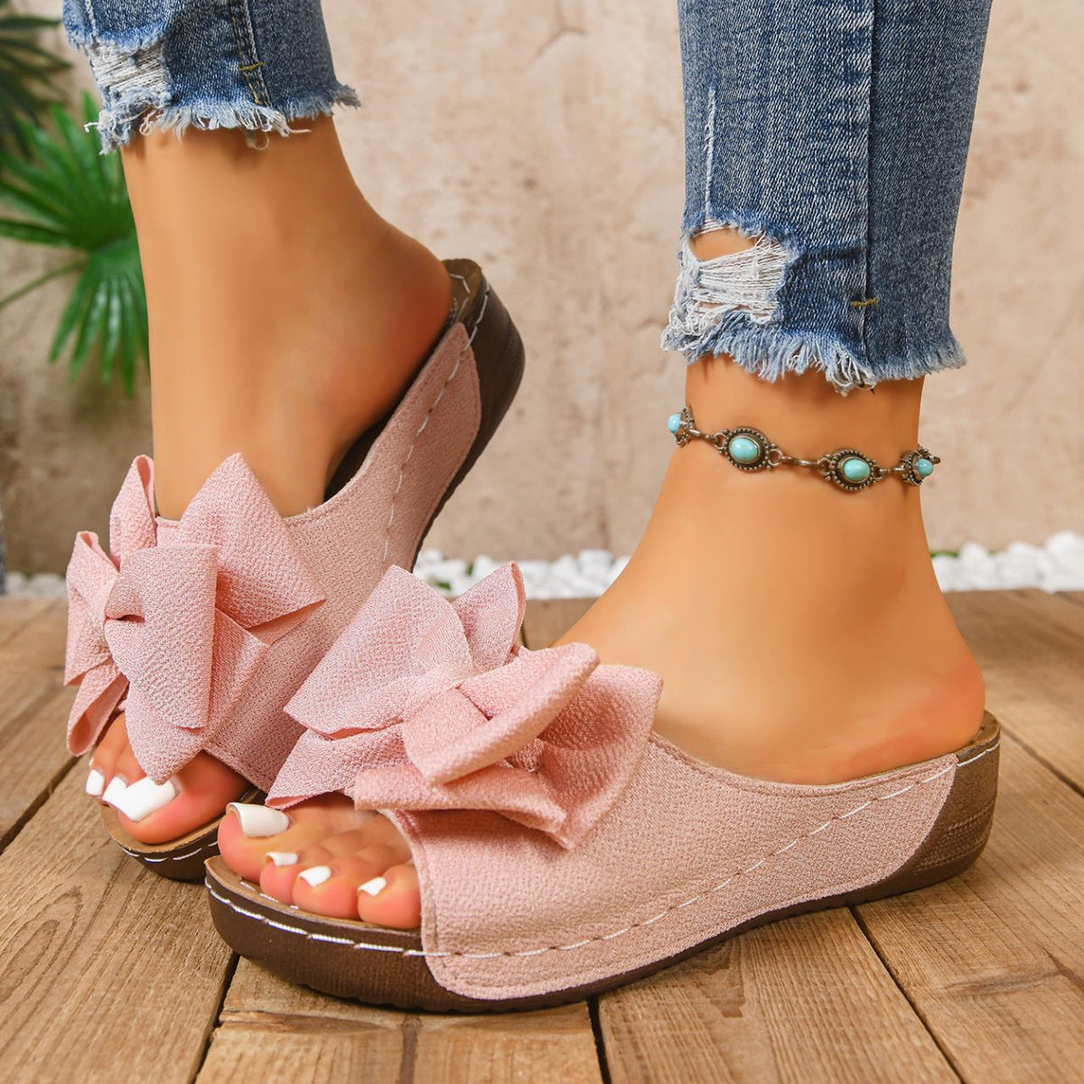 Bootara Women’s Liora Bow Flower Platform Wedge Slide Sandals – Peep-Toe Wide Strap Summer Slides (US 5–10.5)