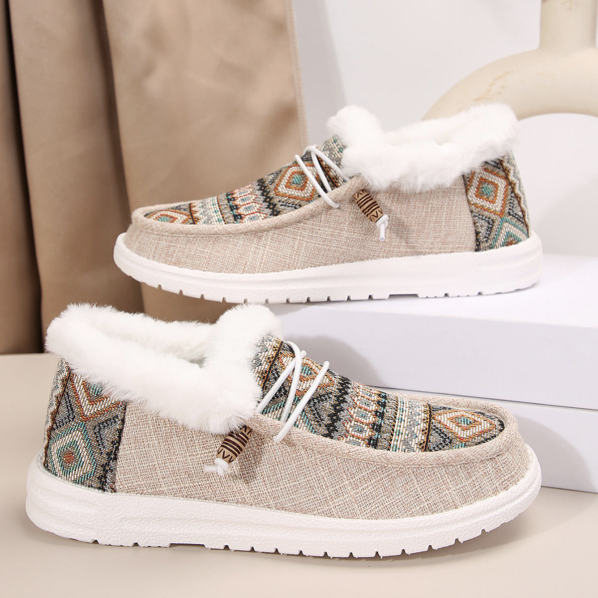 Bootara Women's Folklore Plush Flat Boots - Ethnic Print Lace-Up Winter Snow Shoes with Cozy Fleece Lining- US(5-10.5)