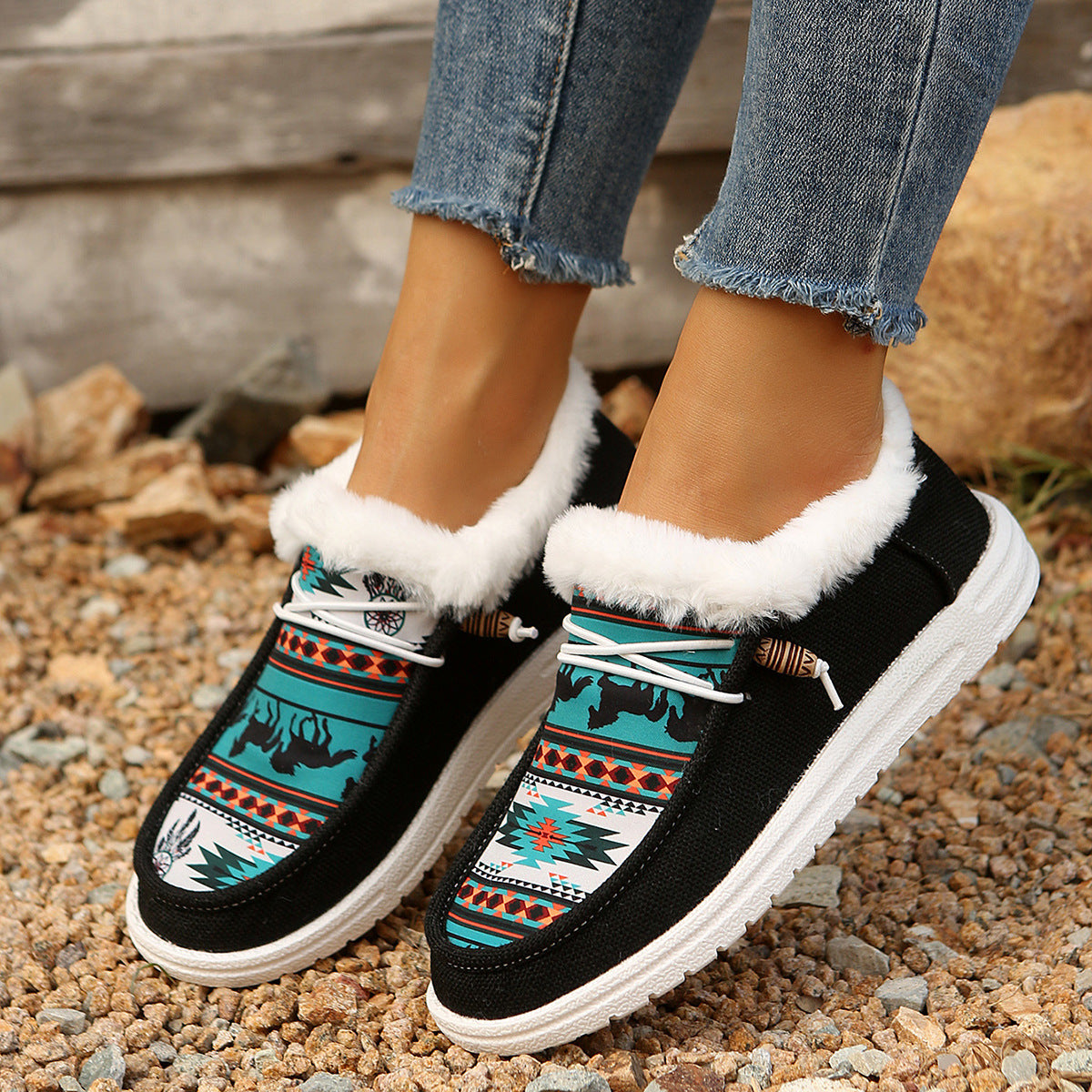 Bootara Women's Folklore Plush Flat Boots - Ethnic Print Lace-Up Winter Snow Shoes with Cozy Fleece Lining- US(5-10.5)