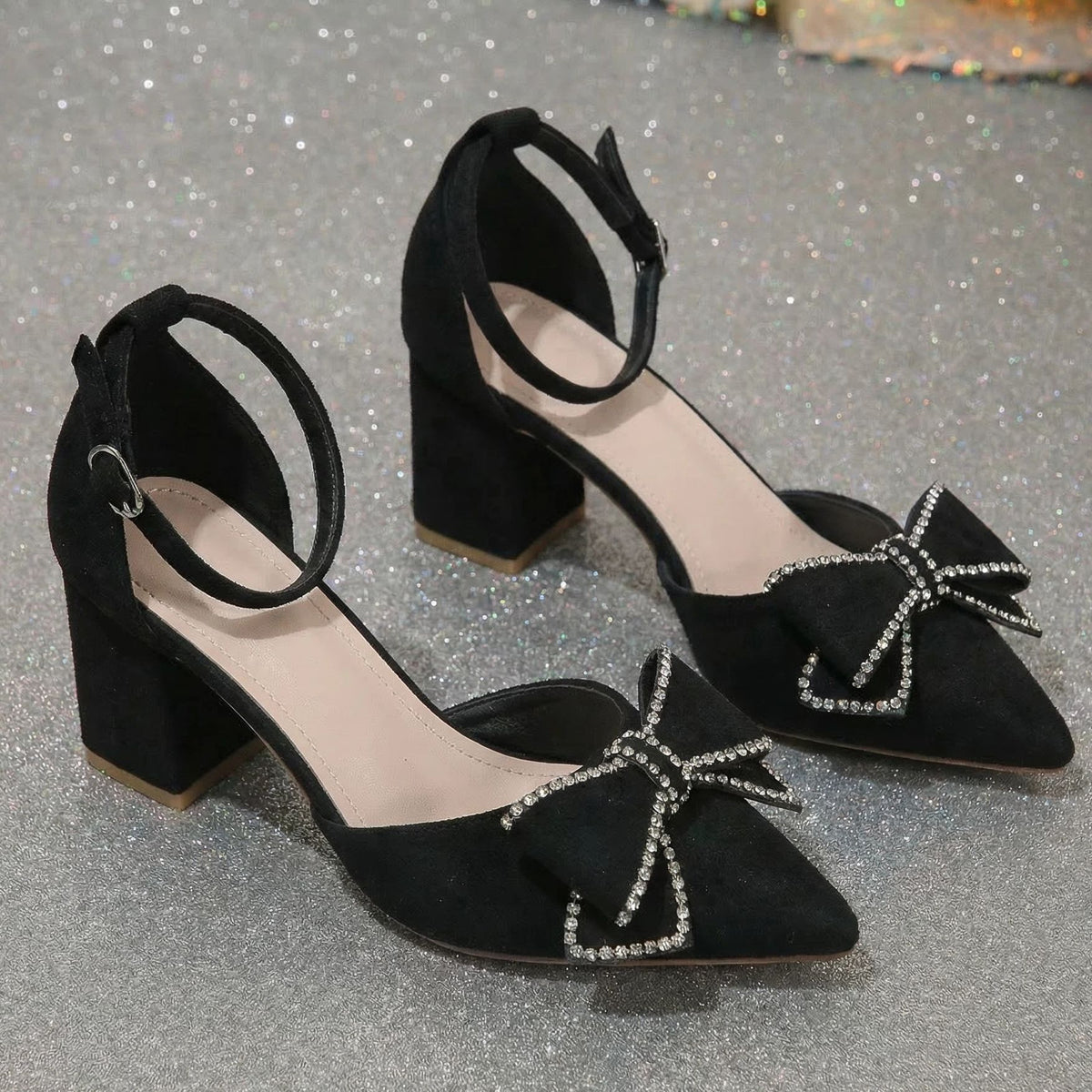 Bootara Women’s Bowelle Crystal Pointed Toe Buckle Heels – Hollow Closed Toe Bow High Heels (US 5–10.5)