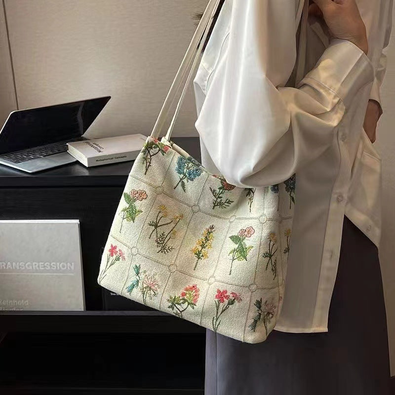 Bootara Women's Atelier Bloom Bucket — Artisan-Embroidered Canvas Commuter Tote with Structured Base & Dual Carry