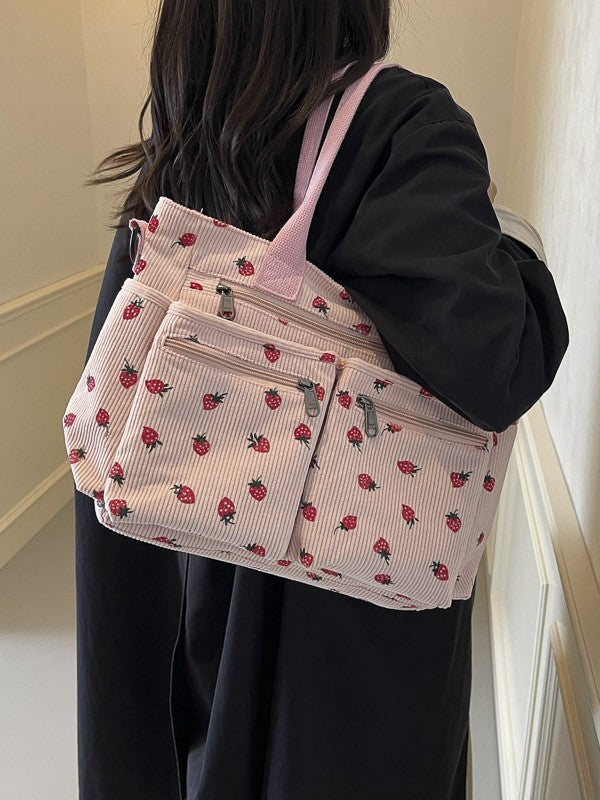 Bootara Women's Corduroy Cherry Print Tote Bag – Versatile Women's Strawberry Shoulder & Crossbody Large Capacity Mommy Bag