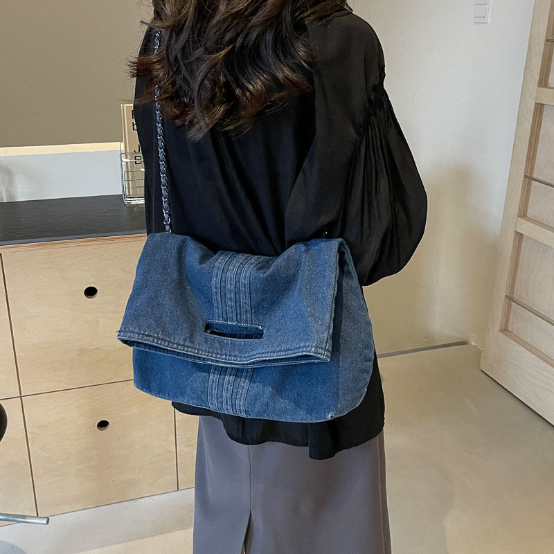 Bootara Women's Vintage Denim Tote Bag with Chain Strap – Structured Large-Capacity Crossbody & Shoulder Bag