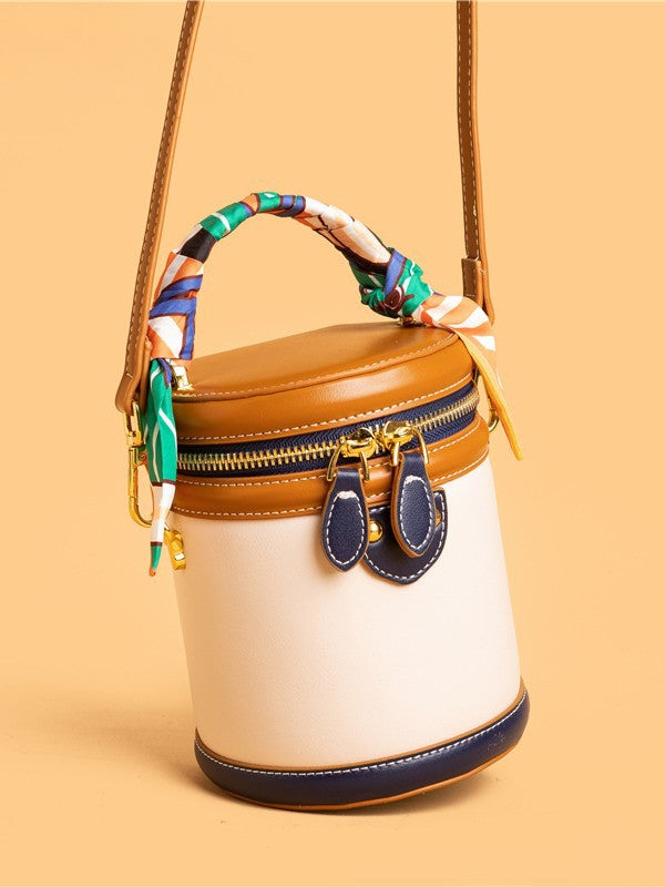 Bootara Women's Retro Color-Block Barrel Bag – Mini Cylinder Cosmetic Case with Detachable Silk Scarf & Chain Strap
