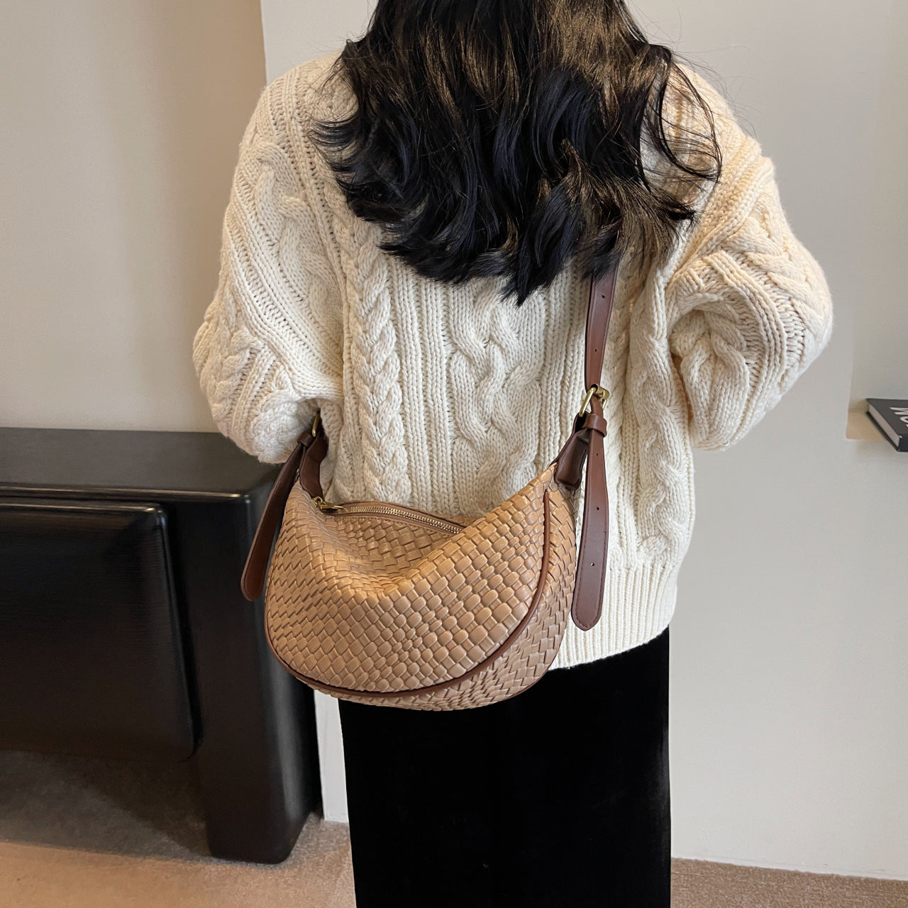 Bootara Women's Riviera Bias-Weave Crescent - Convertible Shoulder to Crossbody in French-Inspired Grain