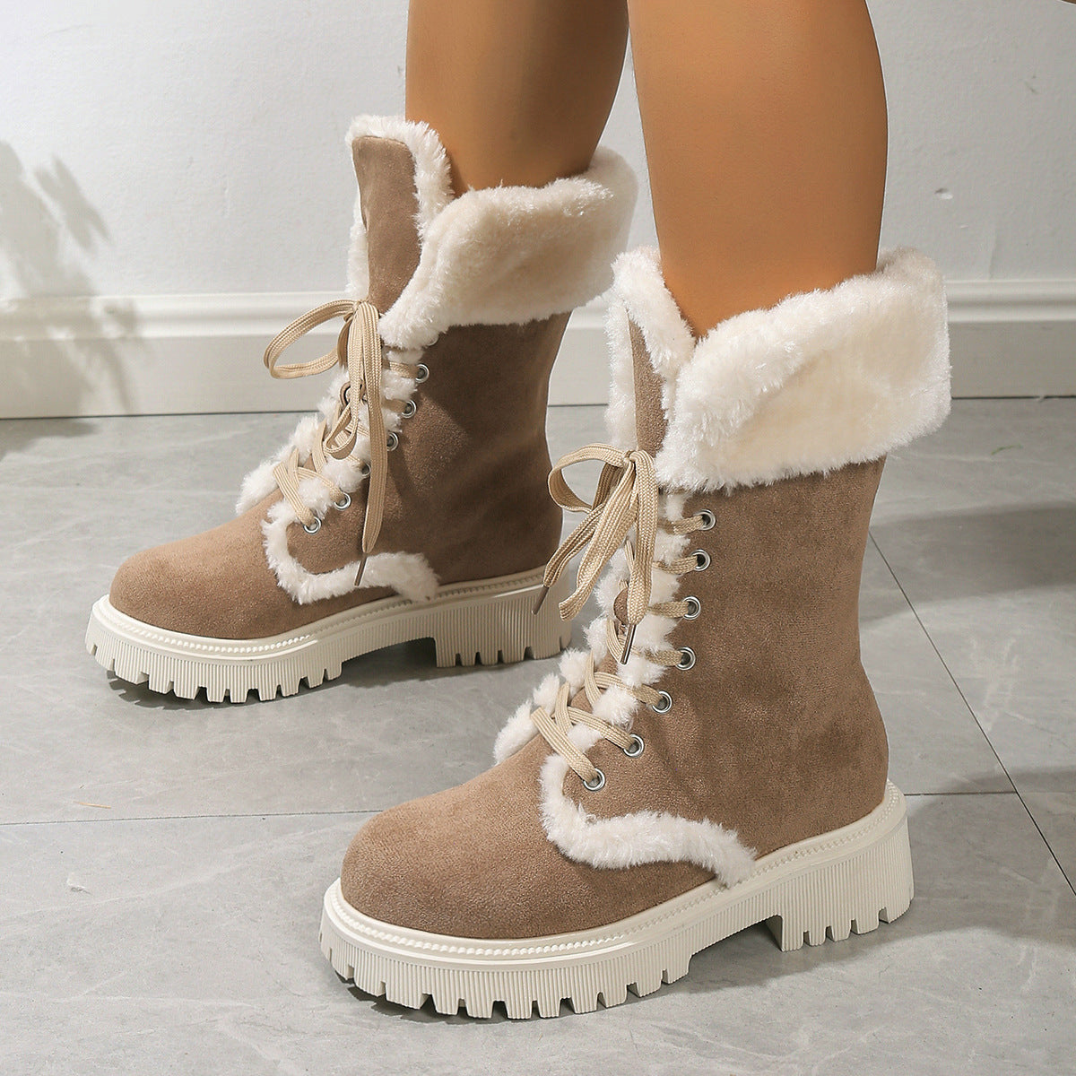Bootara Winter New Women's Velvet Mid-Tube Cotton Boots with Thickened Lining and Height-Enhancing Design
