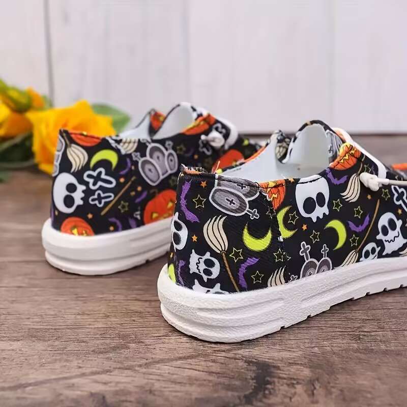 Bootara Women‘s Spooky Chic Canvas Sneakers - Halloween Pumpkin Skeleton Print Casual Shoes- US(5-9)