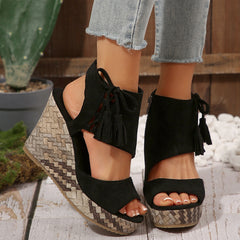 Bootara Women's Plus Size Artisan-Crafted Tassel Cork Wedge Sandals – Fishmouth Design with Non-Slip Sole