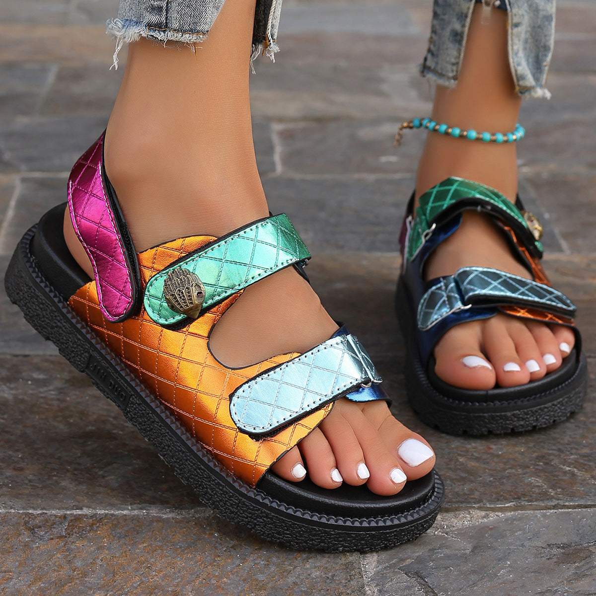 Bootara Women's Eagle-Glow Plus Size Beach Sandals - Bold Platform & Diamond Velcro Strap | Color Burst Design