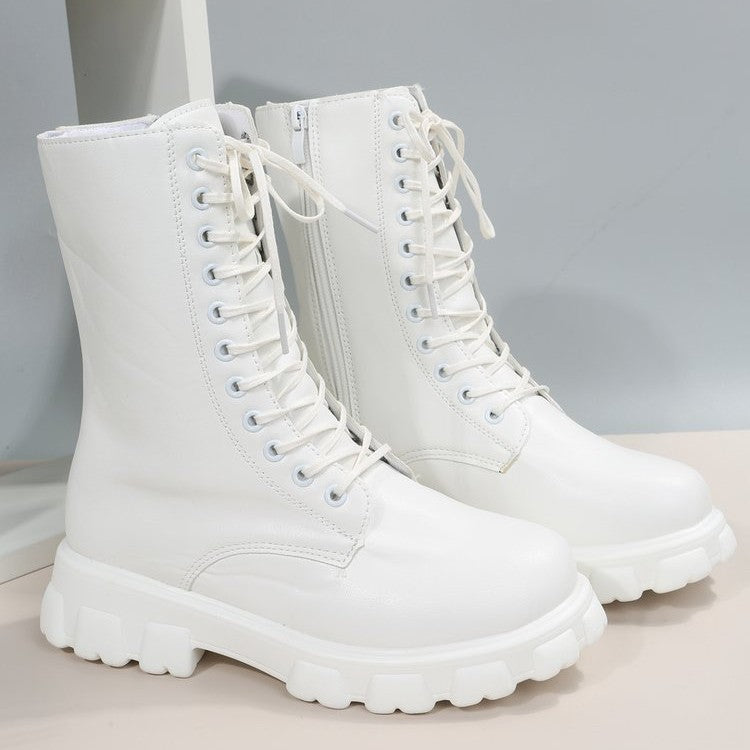 Bootara Chunky Platform Combat Boots - Lace-Up Mid Calf Boots with Side Zipper & Elastic Gore (US 4-10.5)