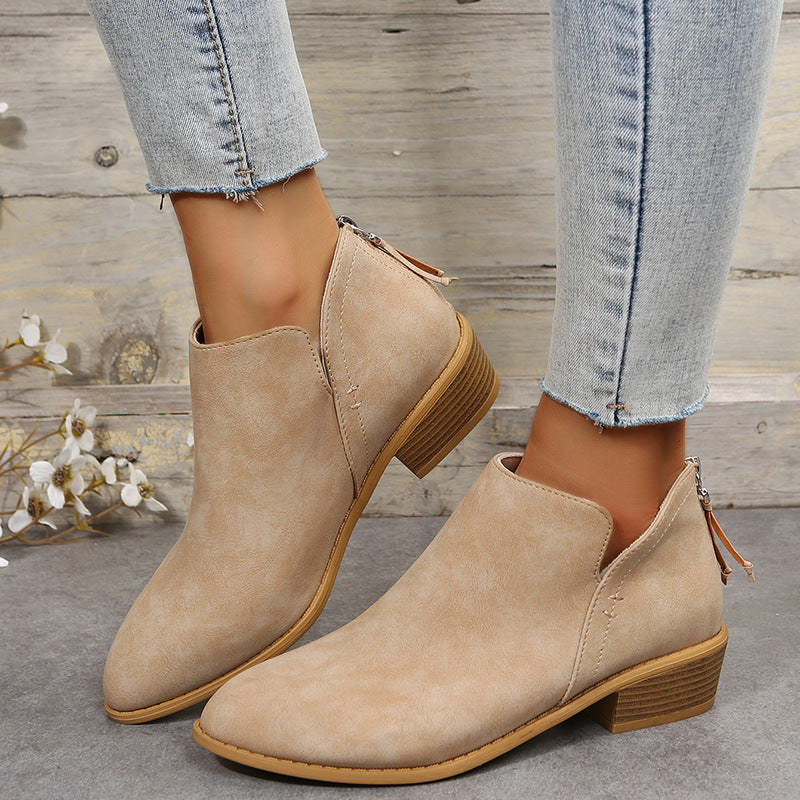 Bootara Plus Size Women's British-Inspired Solid-Color Pointed Toe Casual Fashion Boots with Rear Zipper & Low Chunky Hee