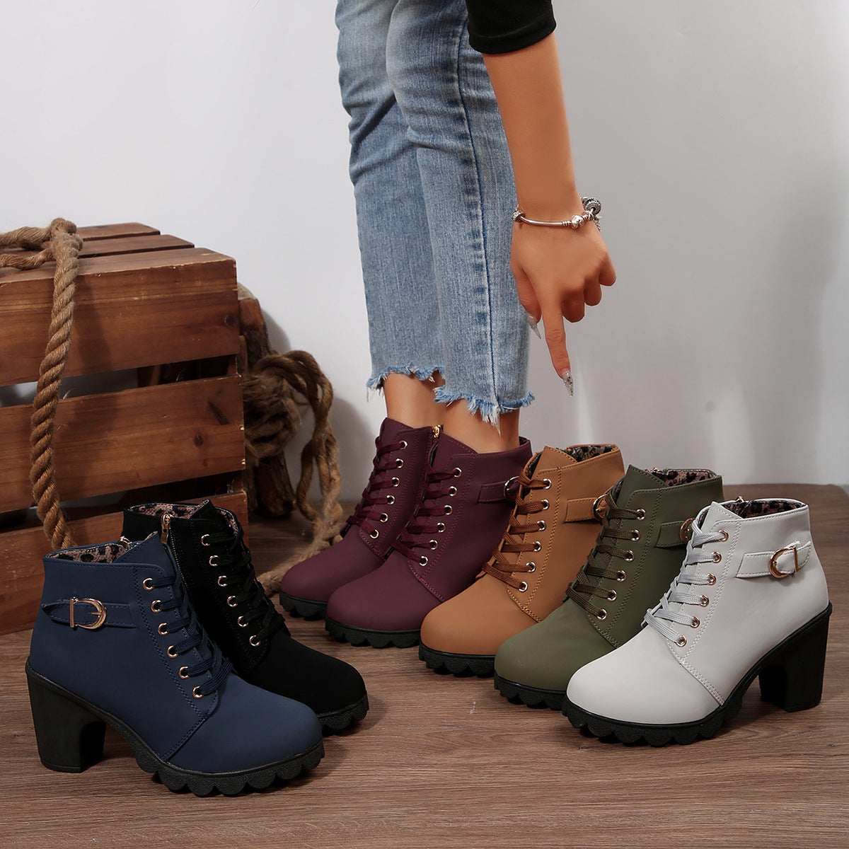 Bootara Women's Buckle Decorated Chunky Heel Ankle Boots - Side Zipper & Lace-Up Round Toe Mid-Calf Equestrian Boots (US 4-10)
