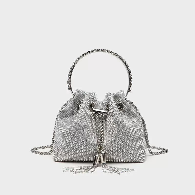 Bootara Women's Celestial Cache Bucket - Crystal-Encrusted Drawstring Minaudière with Detachable Constellation Chain