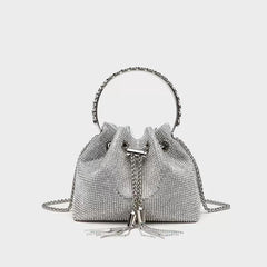Bootara Women's Celestial Cache Bucket - Crystal-Encrusted Drawstring Minaudière with Detachable Constellation Chain