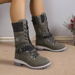 Bootara Women's Nordic Knit Combat Boot - High-Shaft Thermal Cotton Lined Snow Boots with Block Heel & Leather Accents Design (US 5-10.5)
