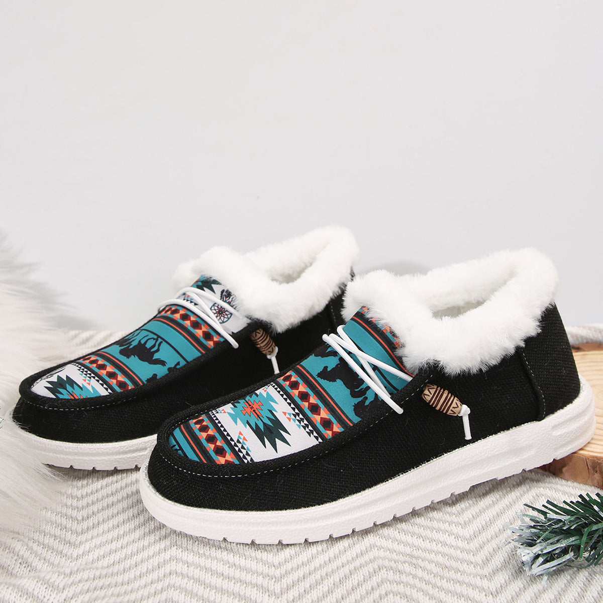 Bootara Women's Folklore Plush Flat Boots - Ethnic Print Lace-Up Winter Snow Shoes with Cozy Fleece Lining- US(5-10.5)