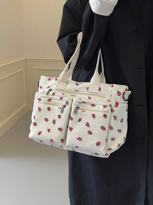 Bootara Women's Corduroy Cherry Print Tote Bag – Versatile Women's Strawberry Shoulder & Crossbody Large Capacity Mommy Bag