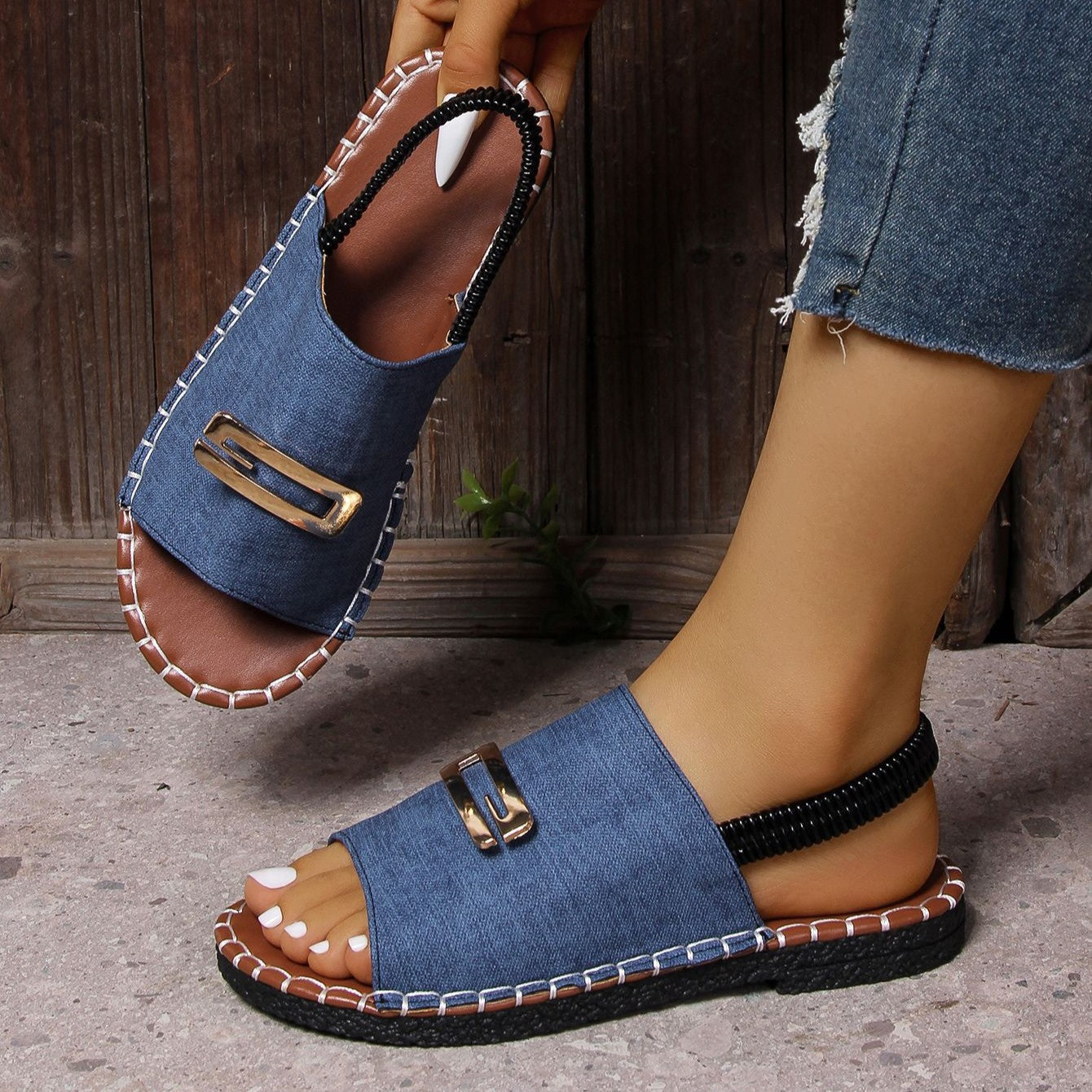 Bootara Women's Plus Size Single-Strap Canvas Sandals - Hand-Stitched Round-Toe Flats with Metallic Buckle