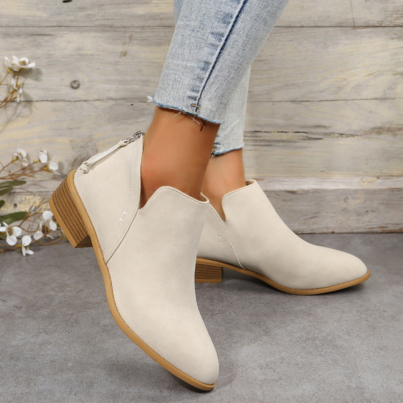 Bootara Plus Size Women's British-Inspired Solid-Color Pointed Toe Casual Fashion Boots with Rear Zipper & Low Chunky Hee