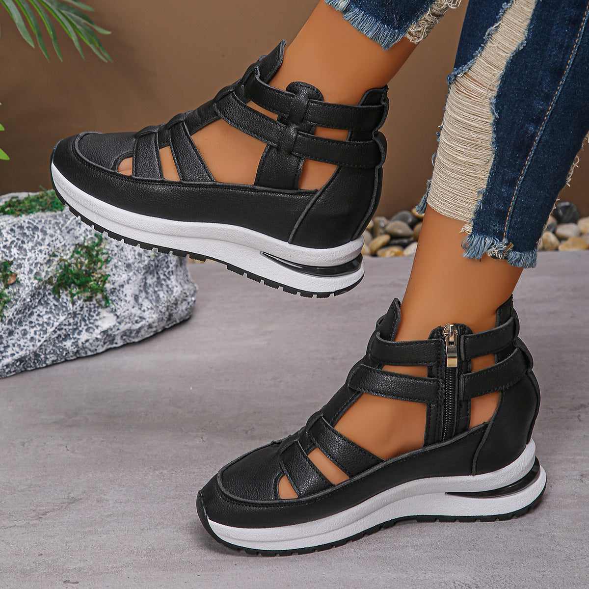 Bootara Women’s Plus Size Sporty Platform Sandals - Side Zipper Closed-Toe Sneaker Sandals with 7cm Height Boost