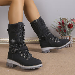Bootara Women's Nordic Knit Combat Boot - High-Shaft Thermal Cotton Lined Snow Boots with Block Heel & Leather Accents Design (US 5-10.5)