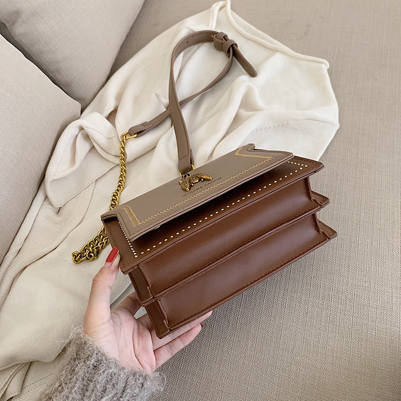 Bootara Women's Artisan-Crafted Distressed Crossbody Bag Small Box Purse with Stitched Rivets & Antique Gold Chain | Y2K Grunge Revival