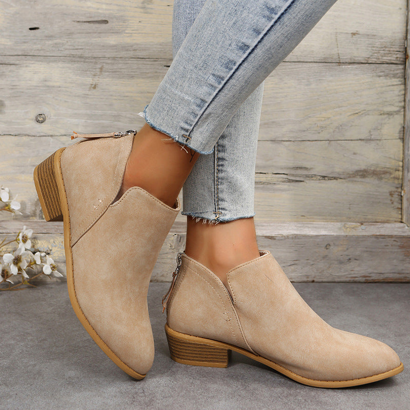 Bootara Plus Size Women's British-Inspired Solid-Color Pointed Toe Casual Fashion Boots with Rear Zipper & Low Chunky Hee