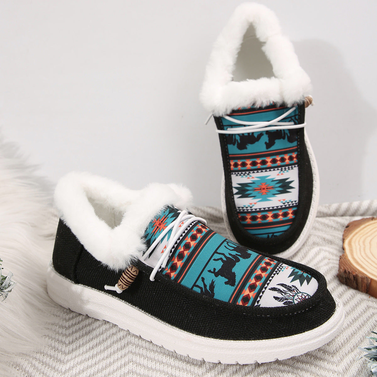 Bootara Women's Folklore Plush Flat Boots - Ethnic Print Lace-Up Winter Snow Shoes with Cozy Fleece Lining- US(5-10.5)