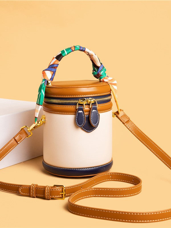 Bootara Women's Retro Color-Block Barrel Bag – Mini Cylinder Cosmetic Case with Detachable Silk Scarf & Chain Strap