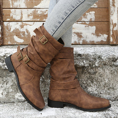 Bootara Women's Matte PU Buckle-Detailed Slouch Boots - Crushed Texture Stacked Mid-Calf Flat Boots (US 5-10.5)