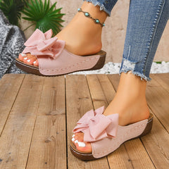 Bootara Women’s Liora Bow Flower Platform Wedge Slide Sandals – Peep-Toe Wide Strap Summer Slides (US 5–10.5)